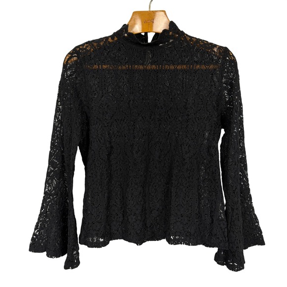 Adiva Tops - Adiva Womens L Black Lace Top Bell Sleeve High Neck Romantic Goth Blouse